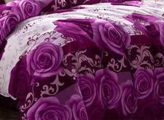 3D Purple Rose Printed Cotton Luxury 4-Piece Full Size Bedding Sets/Duvet Covers