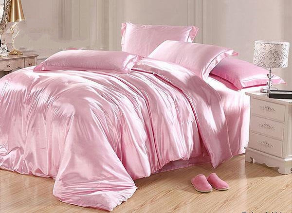 Skin Care Plain Luxury 4-Piece Pink Silky Bedding Sets/Duvet Cover