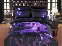 Charming Purple Rose with Dew Print Luxury 6-Piece Polyester Duvet Cover Sets