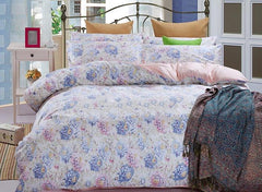 Pink Blue Rose Print Graceful Luxury 4-Piece Cotton Duvet Cover Sets