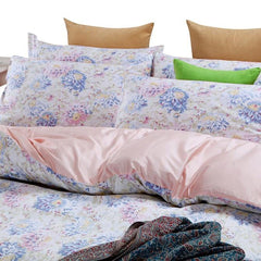 Pink Blue Rose Print Graceful Luxury 4-Piece Cotton Duvet Cover Sets