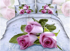 3D Pink Roses with Water-Drop Printed Cotton Luxury 4-Piece Bedding Sets