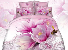 3D Pink Magnolia and Necklace Printed Cotton Luxury 4-Piece Bedding Sets/Duvet Cover