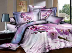 3D Dewy Purple Peach Blossom Printed Cotton Luxury 4-Piece Bedding Sets/Duvet Cover