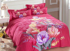 Fancy Flowers Printed Rosy Cotton Luxury 4-Piece Bedding Sets/Duvet Cover