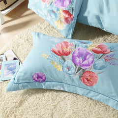 Splendid Colorful Flowers Print Blue Cotton Luxury 4-Piece Bedding Sets/Duvet Cover