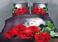 Cute Cat Staring Rose Print Polyester Luxury 4-Piece Duvet Cover Sets