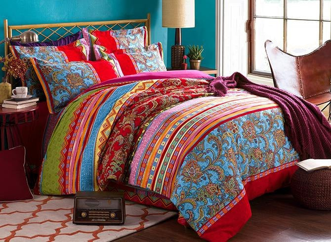 Colorful Stripes and Jacobean Print Boho Style Cotton Luxury 4-Piece Bedding Sets