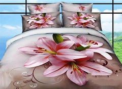 3D Pink Lily Printed Elegant Cotton Luxury 4-Piece Bedding Sets/Duvet Cover