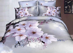 3D White Cherry Blossom Printed Cotton Luxury 4-Piece Bedding Sets/Duvet Covers