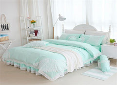 Princess Style Lace Edging Mint Green Cotton Luxury 4-Piece Bedding Sets