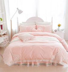 Full Stylish Lace Dreamy Pink Luxury 4-Piece Cotton Bedding Sets/Duvet Cover