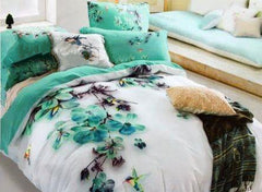 Mysterious Blue Flower and Hummingbird Print Luxury 4-Piece Cotton Bedding Sets/Duvet Cover
