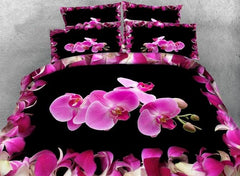 3D Pink Phalaenopsis Printed Cotton Luxury 4-Piece Black Bedding Sets/Duvet Covers