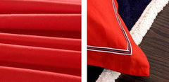 Blue and White Stripe Print Vivid Red Luxury 4-Piece Cotton Duvet Cover Sets