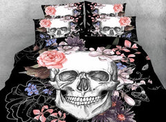 3D Skull and Flowers Printed Cotton Luxury 4-Piece Black Halloween Bedding Sets/Duvet Covers