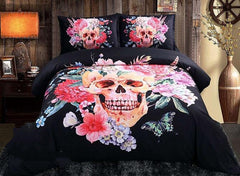 3D Sugar Skull with Blooming Flowers Printed Cotton Luxury 4-Piece Black Halloween Bedding Sets/Duvet Covers