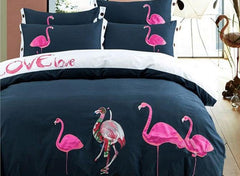 Elegant Pink Flamingo Embroidery Luxury 4-Piece Cotton Bedding Sets/Duvet Cover