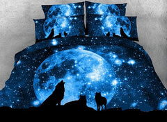 3D Wolf and Galaxy Printed Cotton Luxury 4-Piece Blue Bedding Sets/Duvet Covers