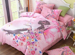 Flower Fairy Printed Cotton Luxury 4-Piece Pink Duvet Covers/Bedding Sets