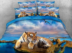 3D Yellow Tiger and Blue Ocean Printed Cotton Luxury 4-Piece Bedding Sets/Duvet Covers