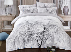 Tree with White Blooms Print Cotton Luxury 4-Piece Bedding Sets/Duvet Cover