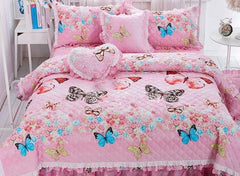 Full Dreamy Butterfly Print Quilting Seam Pink Luxury 4-Piece Cotton Bedding Sets/Duvet Cover