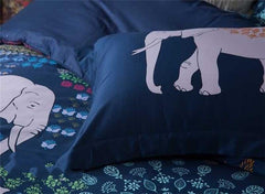Designer Brocade Pretty Exotic Elephants Printed Dark Blue Luxury 4-Piece Cotton Bedding Sets