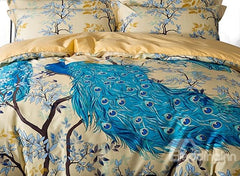 Designer Brocade Peacock and Branches Luxury 4-Piece Cotton Bedding Sets/Duvet Cover