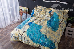 Designer Brocade Peacock and Branches Luxury 4-Piece Cotton Bedding Sets/Duvet Cover