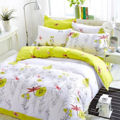 Fresh Blossoms and Dragonflies Print Luxury 4-Piece Cotton Bedding Sets/Duvet Cover