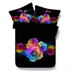 3D Colorful Roses Printed Black Cotton 4-Piece Bedding Sets With Duvet Cover