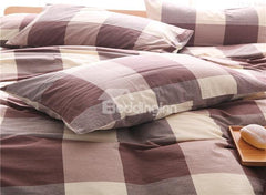 Big Coffee Plaid Print Cotton Luxury 4-Piece Bedding Sets/Duvet Cover