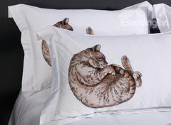 Designer Brocade 3D Cute Cats Luxury White 4-Piece Cotton Bedding Sets