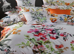 Birds Flowers Watercolor Painting Pastoral Style Luxury 4-Piece Cotton Bedding Set