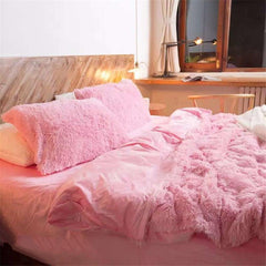 Full Size Solid Pink Princess Style Luxury 4-Piece Fluffy Bedding Sets/Duvet Cover