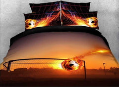 3D Fiery Soccer Ball and Goal Printed Cotton Luxury 4-Piece Bedding Sets