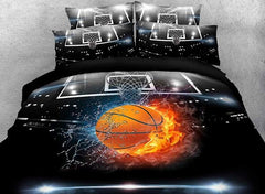 3D Basketball Ball in Fire and Water Printed Cotton Luxury 4-Piece Bedding Sets