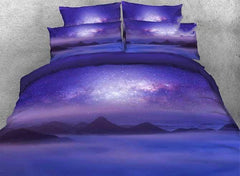3D Mountain under Galaxy Printed Cotton Luxury 4-Piece Purple Bedding Sets/Duvet Covers