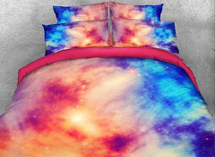 3D Pink Blue Contrast Galaxy Printed Cotton Luxury 4-Piece Bedding Sets/Duvet Covers