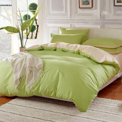 Solid Matcha Green and Beige Color Blocking Cotton Luxury 4-Piece Bedding Sets/Duvet Cover
