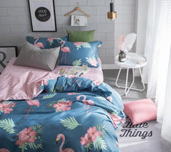 Pink Flamingos and Tropical Plants Blue Cotton Luxury 4-Piece Bedding Sets/Duvet Cover