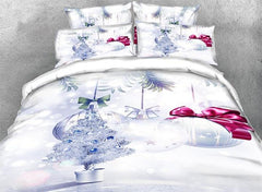 3D Silvery Christmas Tree and Ornaments Printed Luxury 4-Piece Bedding Sets/Duvet Covers