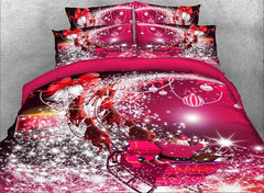 3D Santa Claus Riding Sleigh Printed Luxury 4-Piece Red Bedding Sets/Duvet Covers