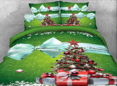 3D Christmas Tree and Bowknot Printed Luxury 4-Piece Green Bedding Sets/Duvet Covers