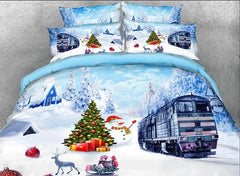 3D Christmas Snowman and Train Printed Cotton Luxury 4-Piece Bedding Sets/Duvet Covers