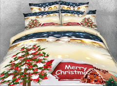 3D Christmas Tree and Cottage Printed Cotton Luxury 4-Piece Bedding Sets/Duvet Covers
