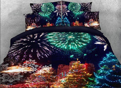 3D Christmas Trees and Fireworks Printed Cotton Luxury 4-Piece Bedding Sets/Duvet Covers