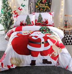 3D Santa and Christmas Tree Printed Cotton Luxury 4-Piece White Bedding Sets