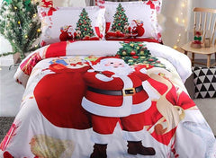 3D Santa and Christmas Tree Printed Cotton Luxury 4-Piece White Bedding Sets